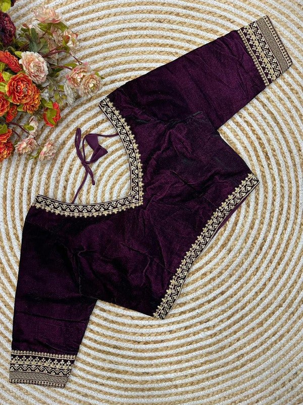 Wine Coloured Premium Pure Velvet Heavy Embroidery & Handwork Woman Ready made Designer Bridal Blouse- Free Size Up to 38 Inch!!