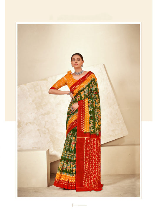 Orange & Multi Coloured Soft Chanderi Cotton with Bagru Print Women Party wear Saree with Beautiful matching Blouse!!