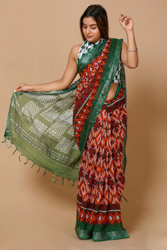 LINEN COTTON HAND BLOCK PRINT SAREE WITH BLOUSE!!