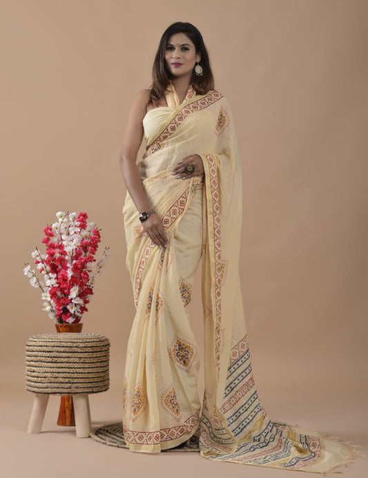 CHANDERI MIX COTTON BLOCK PRINTED SAREE