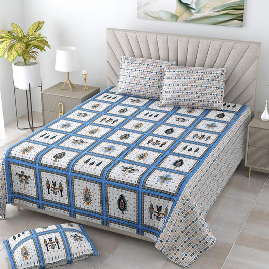 Blue & White Coloured Pure Cotton Exclusive Hand Print Queen size Double Bed sheet with Pillow covers!!