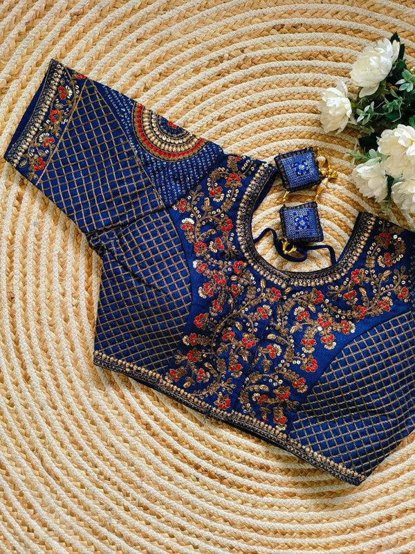 Blue Coloured Premium Heavy Milan Silk Copper Jari Heavy Embroidery work Woman Ready made Designer Bridal Blouse- Free Size Up to 46 Inch!!