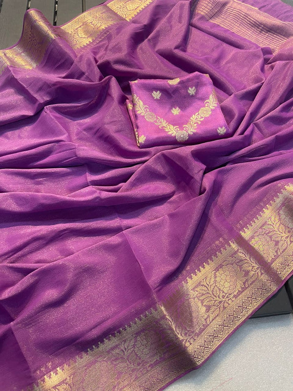 Purple Coloured Shimmer Viscose Chiffon with Wevaing Border Women Festival/Party wear Designer Chiffon Saree with Banarasi Silk Blouse!!