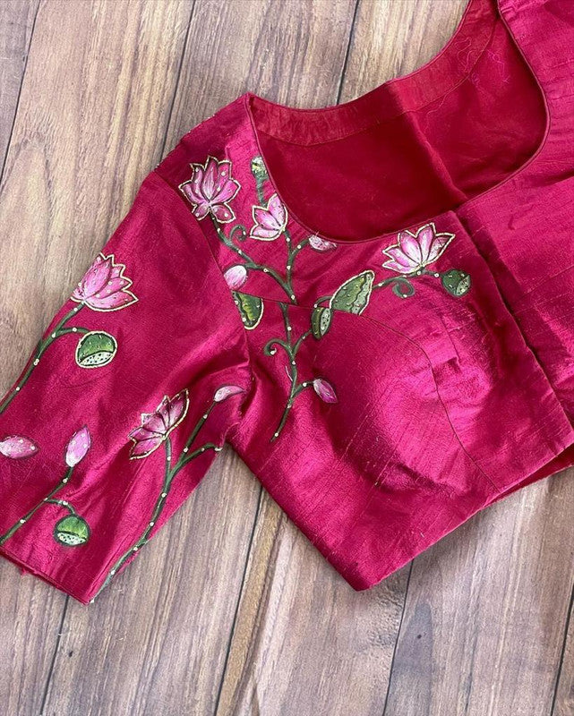 Dark Pink Ready made Blouse - Pure Silk with Hand print& Antique Handcrafted work !!