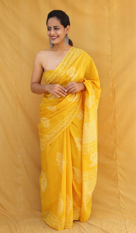 Yellow & White Coloured Pure Cotton Beautiful Hand Block printed Women Daily/Party wear Saree with Blouse!!