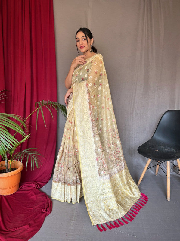 Yellow Coloured Pure Cotton Linen Saree with Orignal Chikankari Lucknowi work with rich Embrodieeded pallu  with Blouse!!