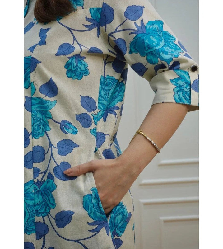 Blue & Off White Coloured Premium Rayon Floral Printed Round Neck 3/4 Sleeves Women Designer Party wear Kurti with Pant!!