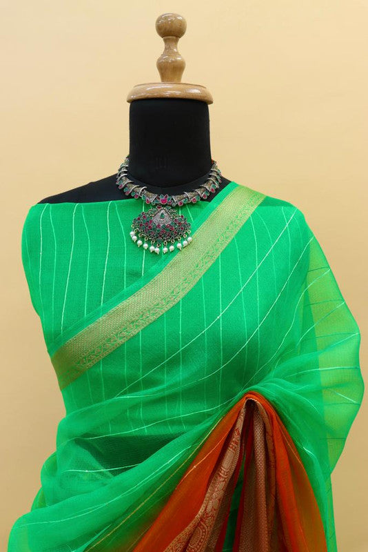 Green & Orange Coloured Soft pure Kora Khadi Organza Silk Jacquard weaving border with chit pallu Women Party wear Silk Saree with Blouse!!