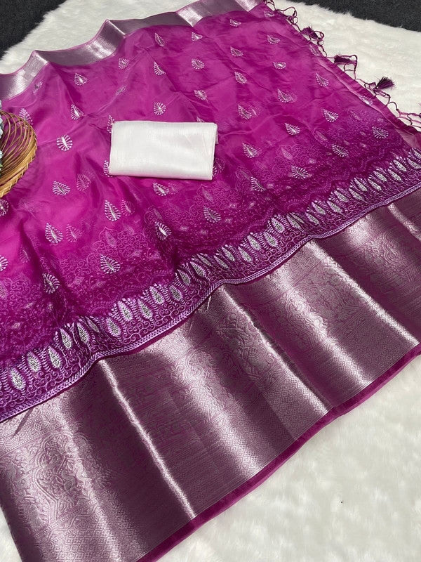 Purple Coloured Pure Organza Kora Silk Jaqucard Fnacy Hand dying Women Party wear Saree with Blouse!!