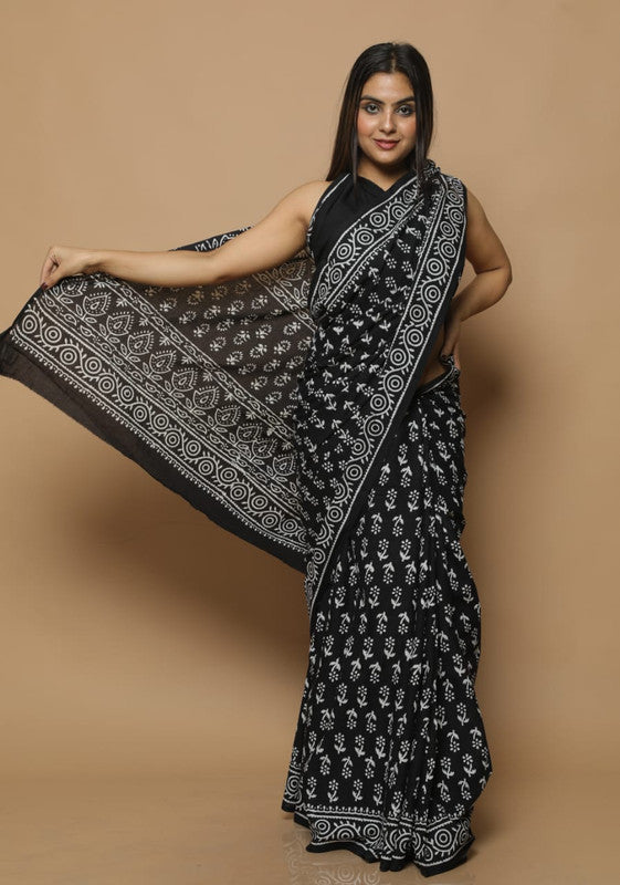 Black & Off White Coloured Beautiful Hand Block printed Women Daily/Party wear Pure Cotton Saree with Blouse!!