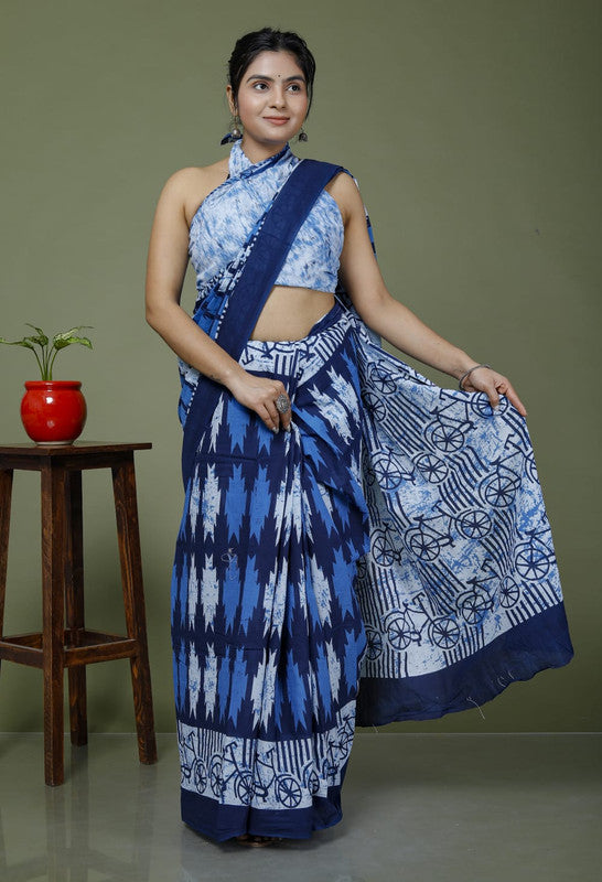 Blue & Multi Coloured Hand Printed Super dying Quality Mul Cotton Women Daily wear Saree with Blouse!!