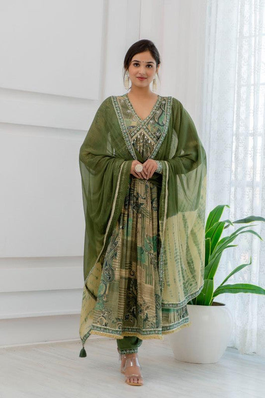 Mehera Green Coloured Premium Chinon Embroidery with Mirror Work Women Designer Party wear Floral Alia Cut Suit with Pant & Dupatta!!