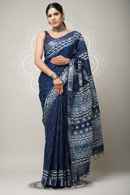 Blue & Multi Coloured Linen Cotton Beautiful Hand Block printed Women Daily/Party wear Saree with Blouse!!