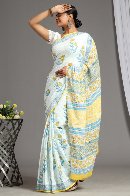 White & Yellow Coloured Pure Cotton Beautiful Hand Block printed Women Daily/Party wear Saree with Blouse!!