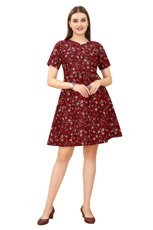 Maroon & Multi Coloured Premium Crepe Printed Short Sleeves Round Neck Women Daily wear Western Dress!!