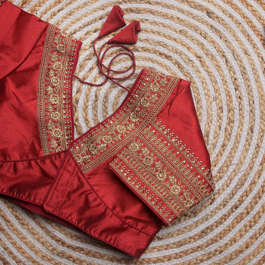 Maroon Coloured Pumpkin Silk with Embroidery work & Sequence Woman Designer Wedding Ready made Blouse - 38 Size Fits Up to 40 Inch!!