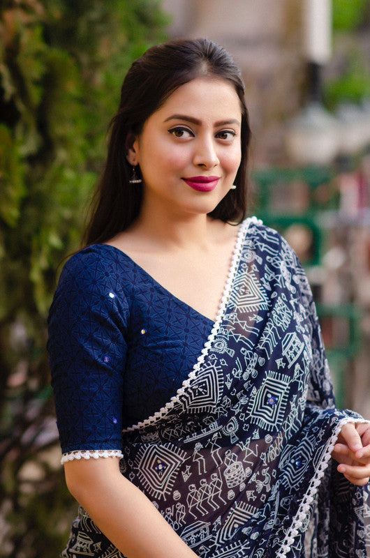 Navy Blue & White Coloured Soft Georgette With Worli Prints And Aari M –  Royskart