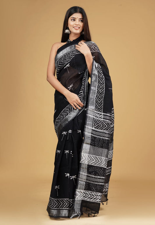 Black Coloured Linen Hand Block Print Saree with Linen Blouse!!