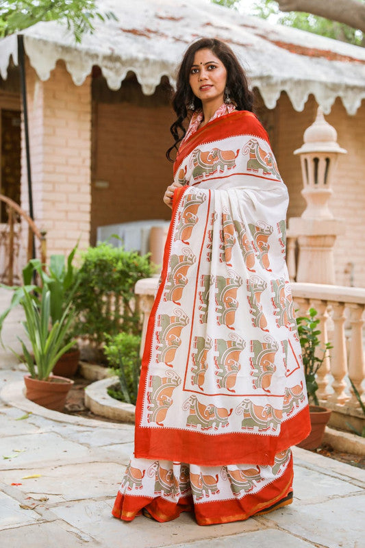 Off White Coloured Cotton Jari Border print Saree with Blouse!!