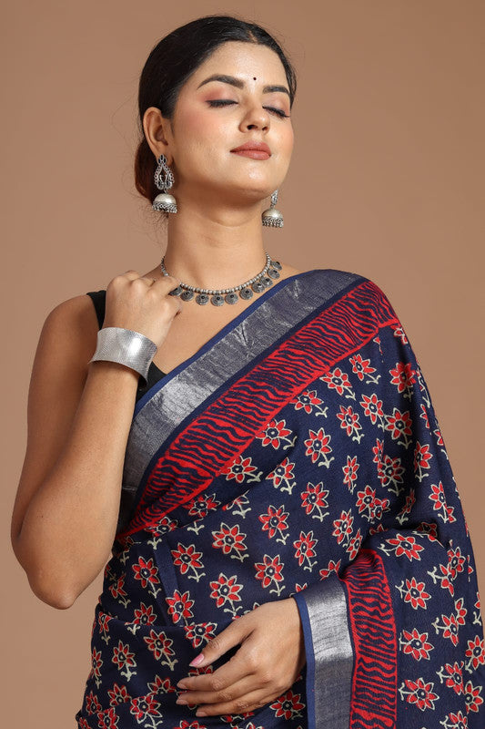 Navy Blue & Multi Coloured Linen Cotton Beautiful Hand Block printed Women Daily/Party wear Saree with Blouse!!