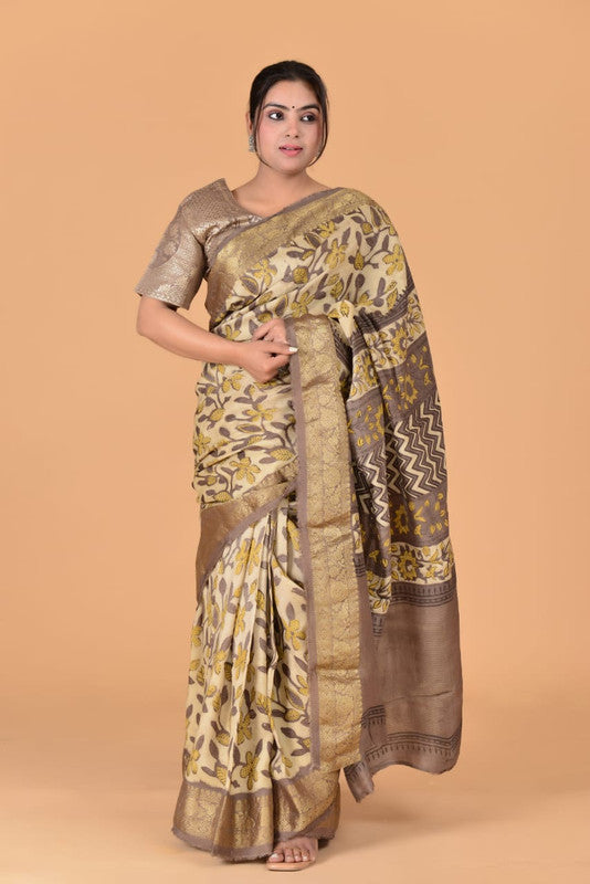 Beige & Multi Coloured Azarakh Hand Block Printed Silk border Women Designer Party wear Cotton Silk Saree with Zari Blouse!!