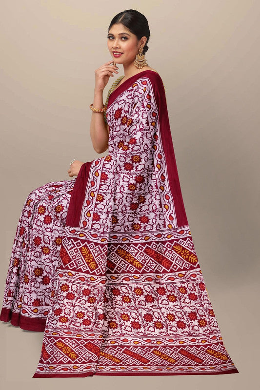 Pink & Maroon Coloured Premium Mul Mul Cotton Beautiful Hand Block printed Women Daily/Party wear Saree with Blouse!!