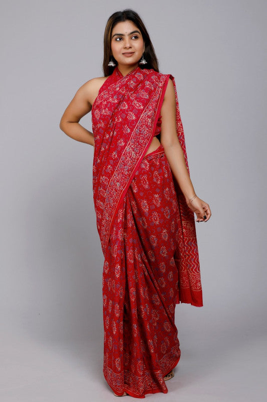 Red Beautiful Hand Block Printed Cotton Saree with Blouse!!