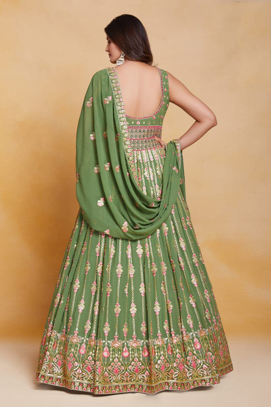 Green Coloured Georgette with Sequence Thread Mirror Work Woman Designer Party wear Lehenga Choli with Dupatta!!