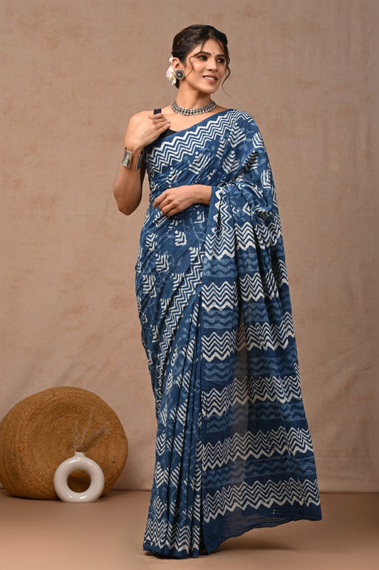 Blue & White Coloured Hand Block Bagru, Dabu & Batik Dye Print Women Designer Party wear Pure Cotton Saree with Runnin Blouse!!