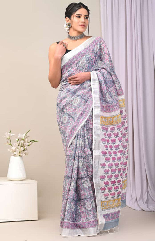 Purple & Multi Coloured Linen Cotton Beautiful Hand Block printed Women Daily/Party wear Saree with Blouse!!