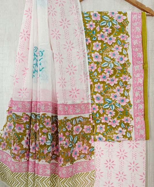 Mehendi Green & Pink Coloured Unstitched Pure Cotton Hand Block Printed Women Party/Daily wear Dress Material Suit- Top with Bottom & Cotton Dupatta!!