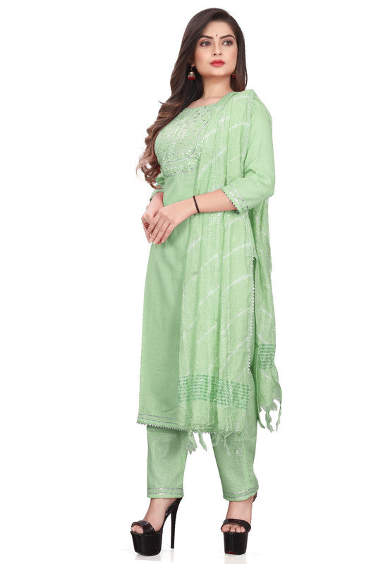 Light Green Coloured Pure Cotton with Embroidery work Round Neck 3/4 Sleeves Women Fully Stitched Designer Party/Daily wear Kurti with Pant & Chanderi Dupatta!!