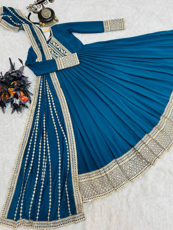 Blue Coloured Faux Georgette with Embroidery Sequence Work Women Designer Party wear Gown kurti with Dupatta!!