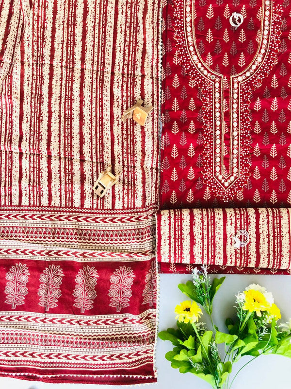 Maroon & White Coloured Cotton Unstitched Hand Block Printed Women Party/Daily wear Dress Material Suit- Top with Bottom & Cotton Dupatta!!