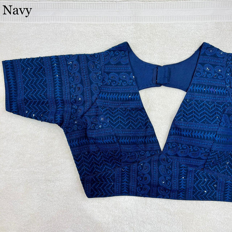 Navy Blue Coloured Georgette with Chikankari Work Deep Neck Woman Ready made Designer Blouse!!