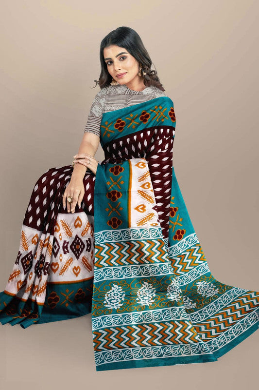 Brown & Multi Coloured Premium Mul Mul Cotton Beautiful Hand Block printed Women Daily/Party wear Saree with Blouse!!