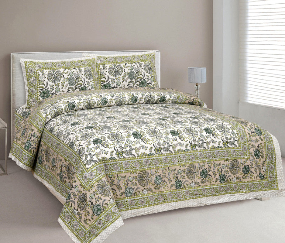 Light Green & Multi Coloured Pure Cotton Beautiful Hand Printed Queen size Double Bed sheet with 2 Pillow covers!!