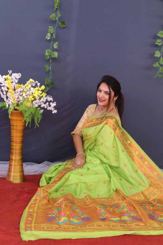 Paithani Dancing Peacock Upada Handloom - Lime Green saree color –  BeGorgeousByPS