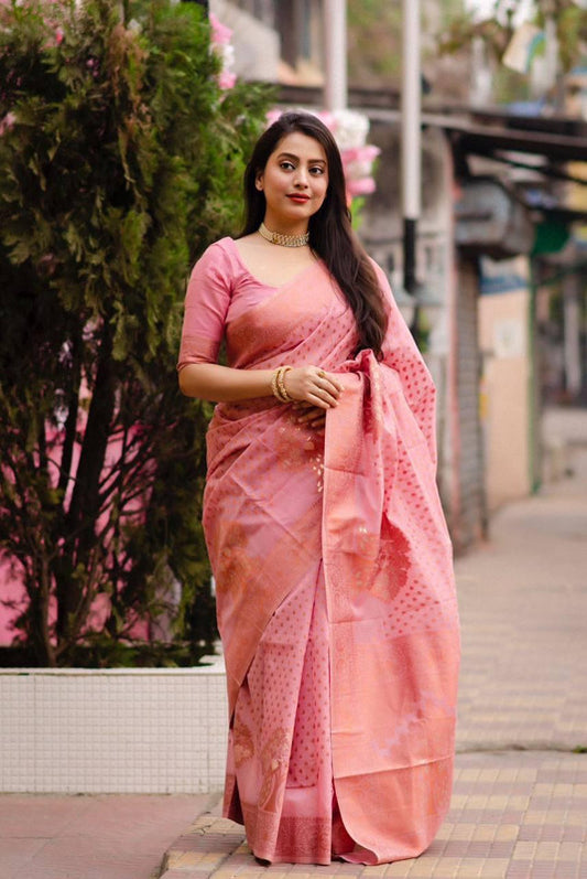 Pink Coloured Soft Cotton with Copper Zari woven Design Women Designer Party/Daily wear Full length Saree with Blouse!!