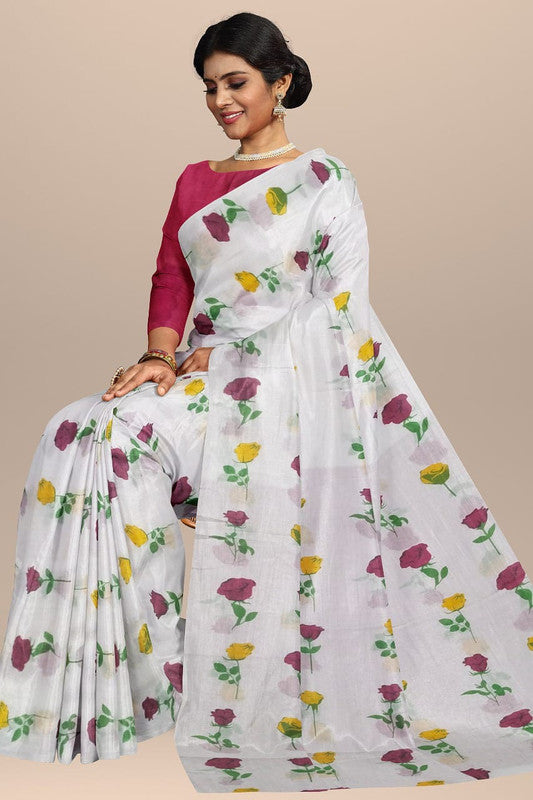 White & Multi Coloured Premium Mul Mul Cotton Beautiful Hand Block printed Women Daily/Party wear Saree with Blouse!!