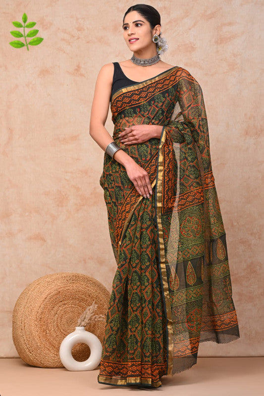 Mehendi Green & Multi Coloured Hand Block Printed Women Designer Party wear Kota Doria Cotton Saree with Runnin Blouse!!