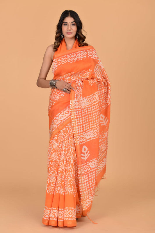 Orange & Multi Coloured Hand Block Printed Women Designer Party wear Chanderi Cotton Silk Saree with Runnin Blouse!!