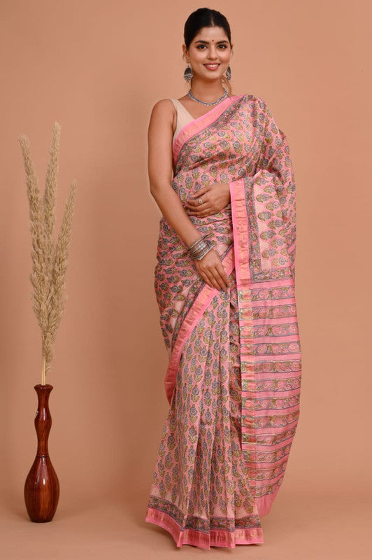 Pink & Multi Coloured Hand Block Printed Women Designer Party wear Maheshwari Cotton Silk Saree with Runnin Blouse!!