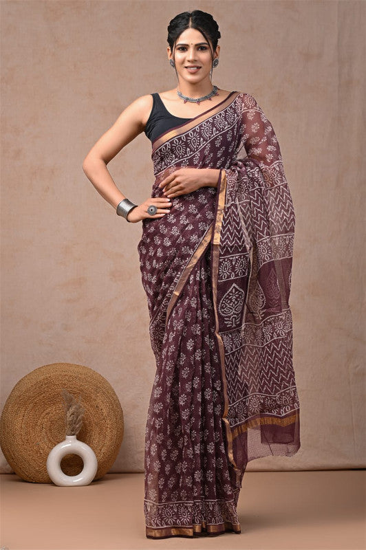 Brown & White Coloured Hand Block Printed Women Designer Party wear Kota Doria Cotton Saree with Runnin Blouse!!