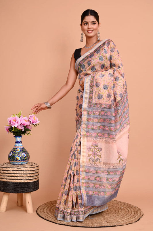 Pink & Multi Coloured Hand Block Printed Women Designer Party wear Maheshwari Cotton Silk Saree with Runnin Blouse!!