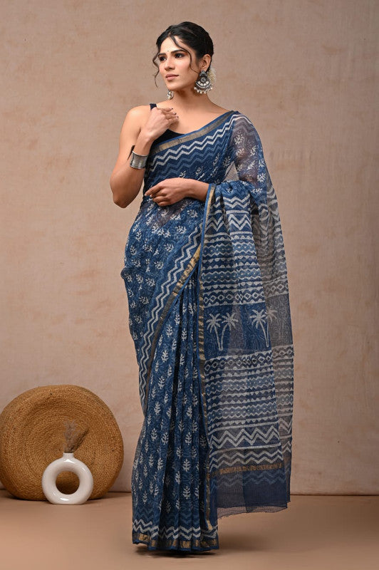 Blue & White Coloured Hand Block Printed Women Designer Party wear Kota Doria Cotton Saree with Runnin Blouse!!