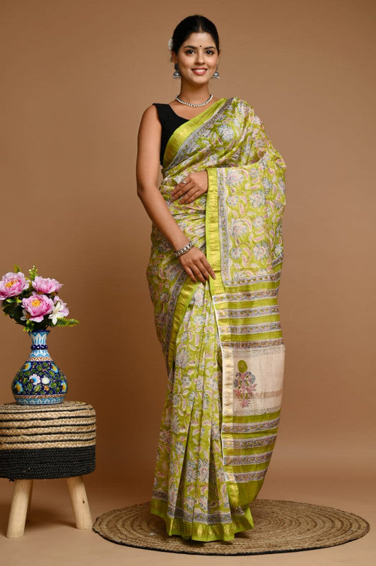 Paroot Green & Multi Coloured Hand Block Printed Women Designer Party wear Maheshwari Cotton Silk Saree with Runnin Blouse!!