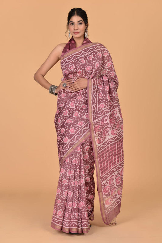 Pink & Multi Coloured Hand Block Printed Women Designer Party wear Chanderi Cotton Silk Saree with Runnin Blouse!!