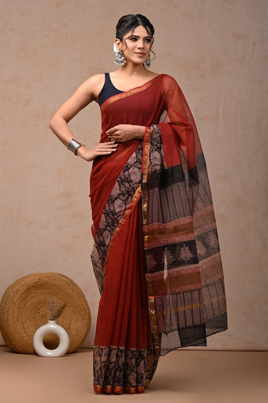 Red & Multi Coloured Hand Block Printed Women Designer Party wear Kota Doria Cotton Saree with Runnin Blouse!!