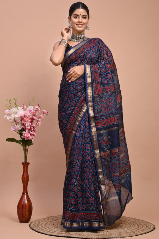 Navy Blue & Multi Coloured Hand Block Printed Women Designer Party wear Maheshwari Cotton Silk Saree with Runnin Blouse!!